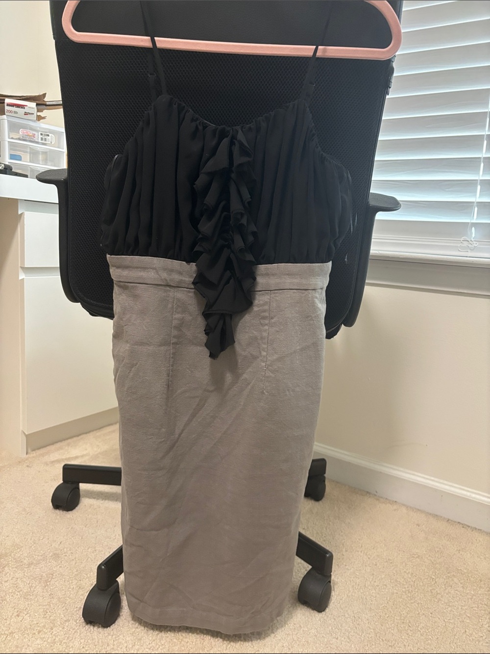 Black and Gray Ruffle-Front Midi Dress